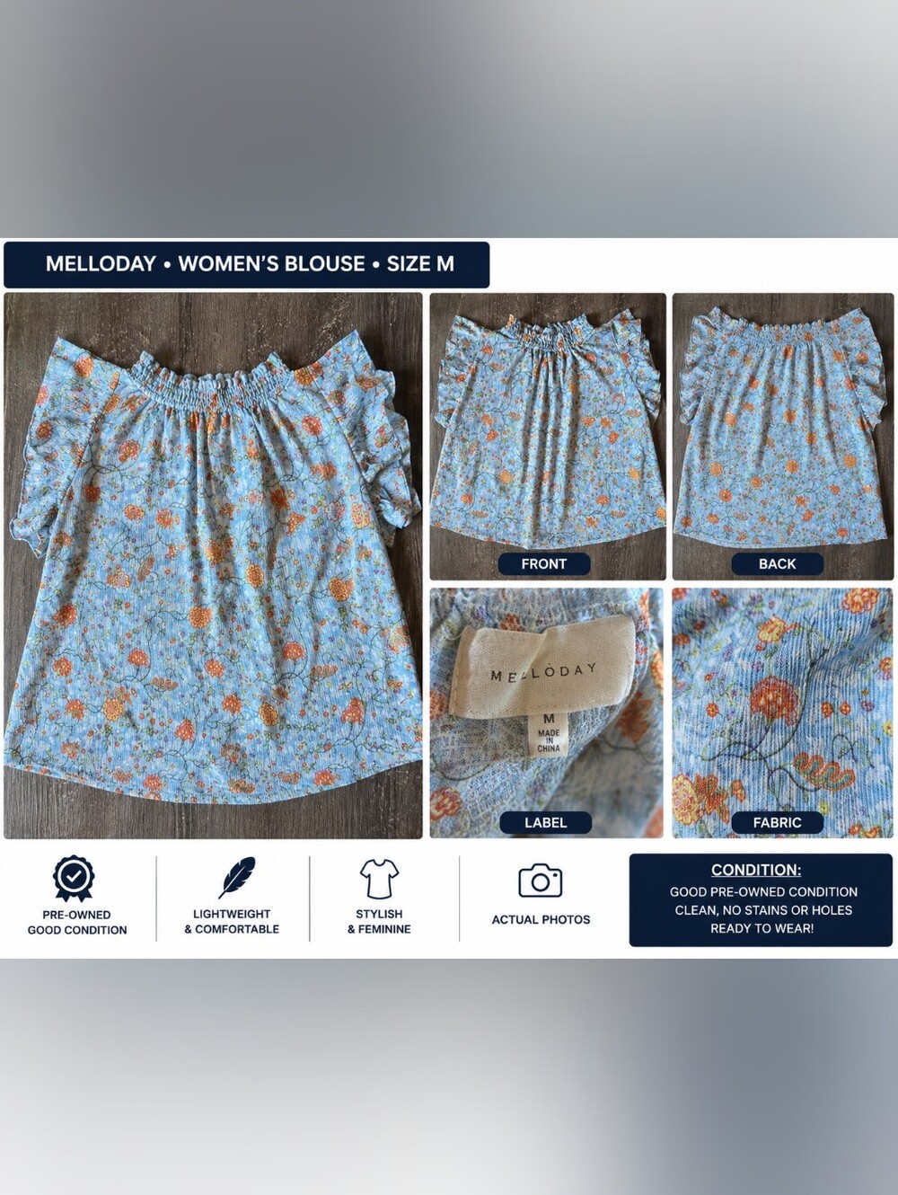 MELLODAY Light Blue Floral Off-Shoulder Dress with Orange Accents